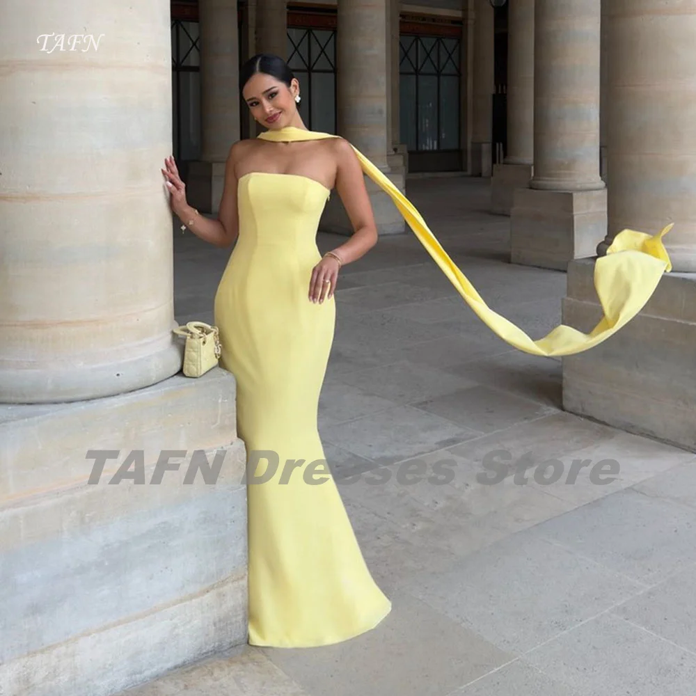 

TAFN Yellow Mermaid Formal Evening Dresses Strapless Floor-Length Prom Gown Solid Color Temperament vestidos de fiesta