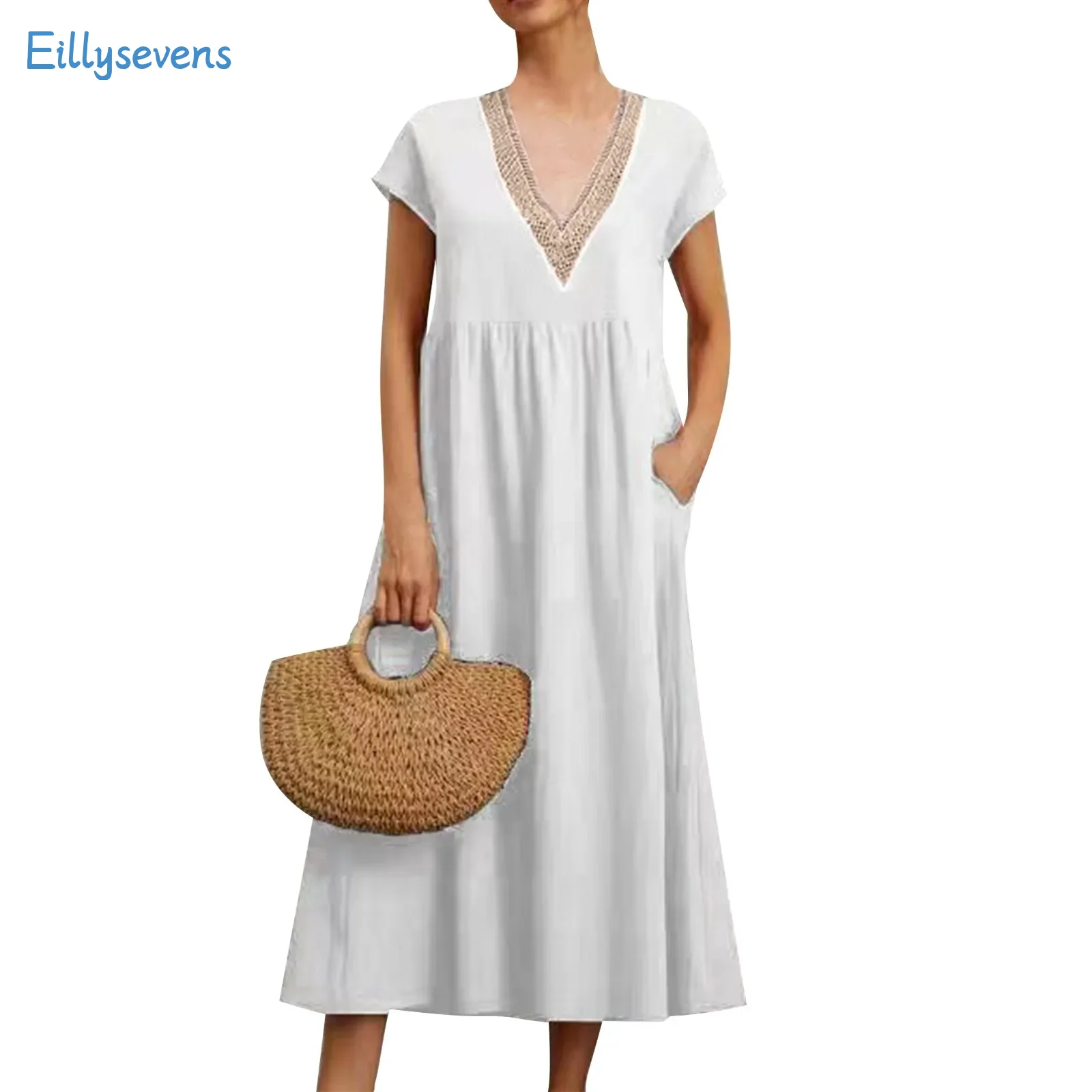 Vestido solto de linho e algodão feminino com bolsos, vestido sólido, emenda de renda, decote em v, manga curta, casual diário, tudo combina