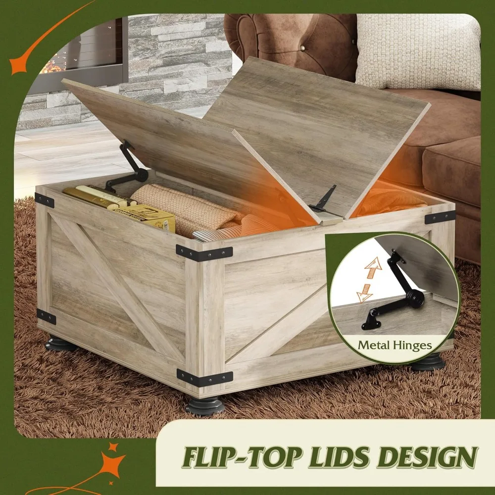 Mesa de centro quadrada de madeira com tampas articuladas e grande armazenamento oculto para móveis de sala de estar