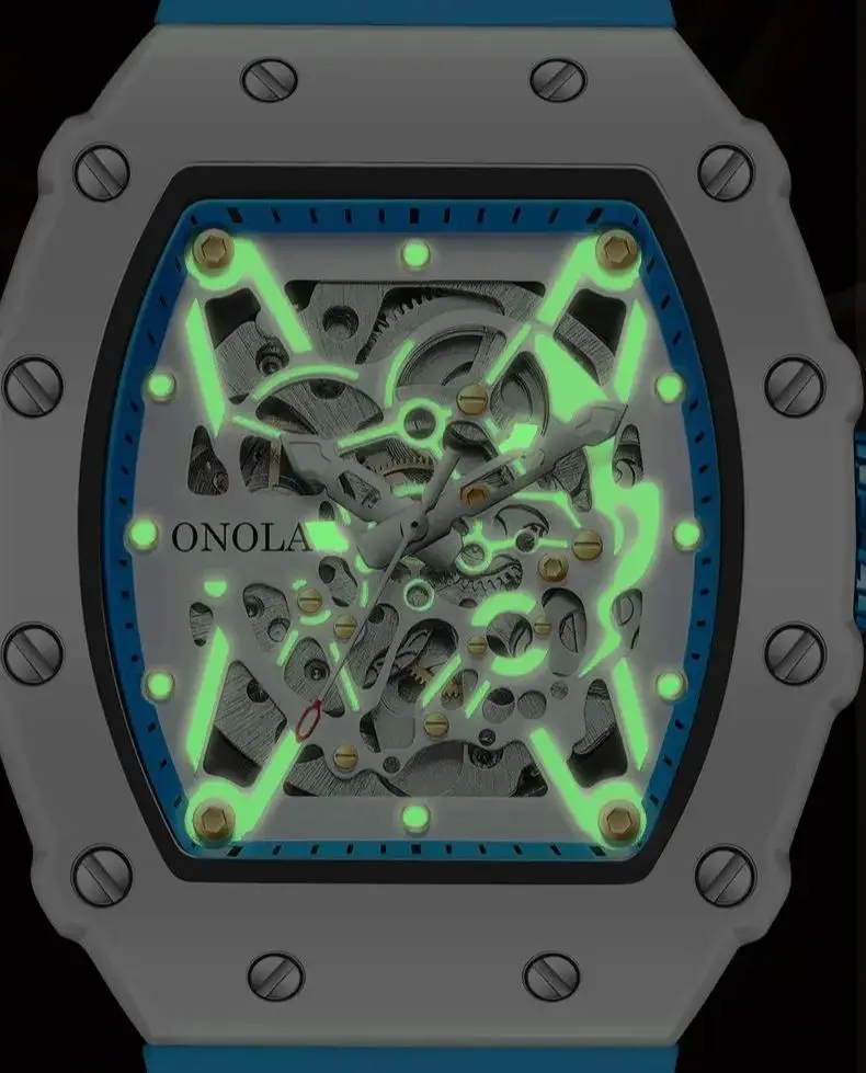 Moda ONOLA automatyczne męskie zegarki Luminous mechaniczne Reloj Tonneau Mille niebieski pasek silikonowy wodoodporne męskie zegarki na rękę 2024