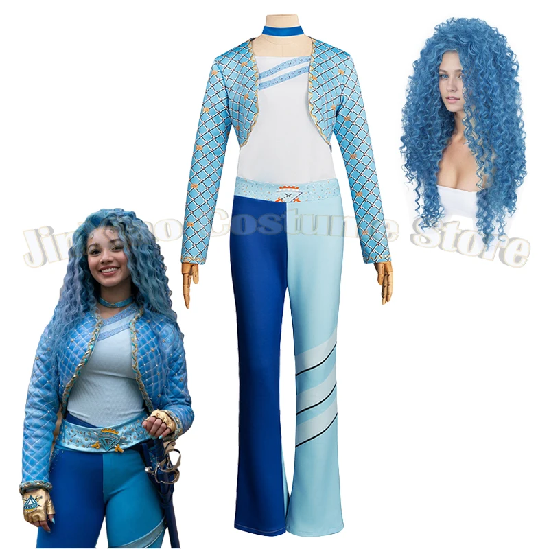 Princess Chloe Blue Suit Charming Movie Descendants Cosplay Costume Women Blue Jacket Pants Set Halloween Carnival Party Outfit