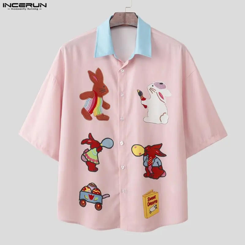 

INCERUN Men's Shirt Printing Patchwork Lapel Short Sleeve Men Clothes Summer Loose Streetwear Korean Style Fashion Casual Tops