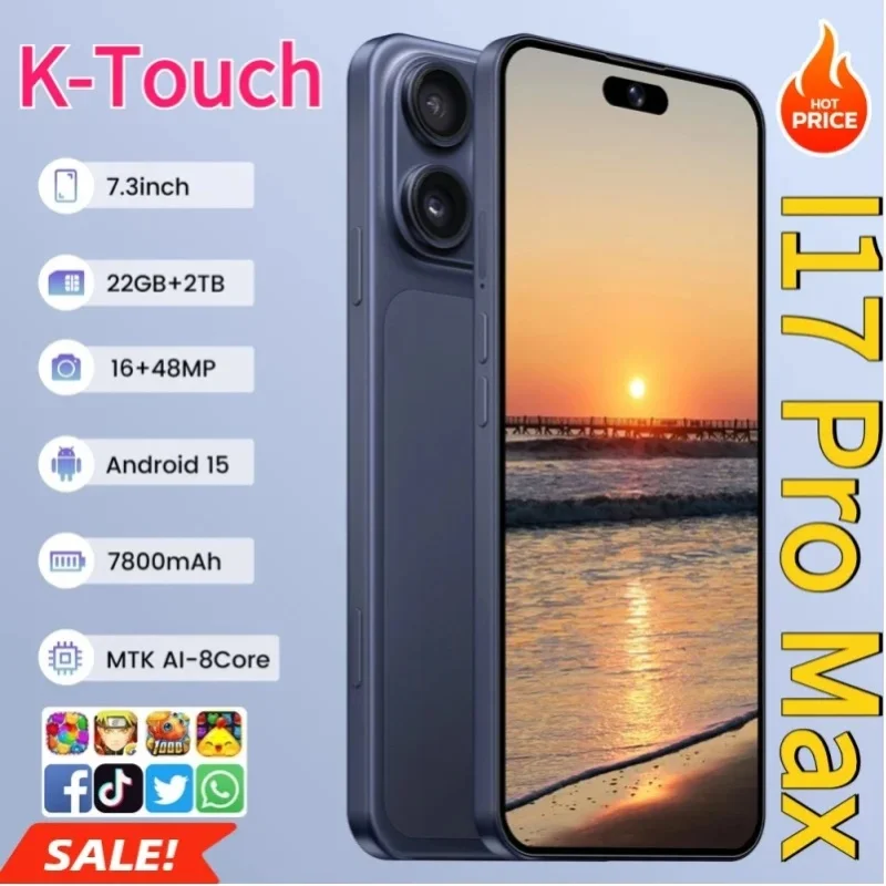 K-Touch Hot I17 Pro Max 7.3HD Handy 22G+2TB Mobiltelefone Android 15 Smartphone 5G Dual-SIM 7800mAh Entsperrt Globale Version 16+48MP Mobiltelefone