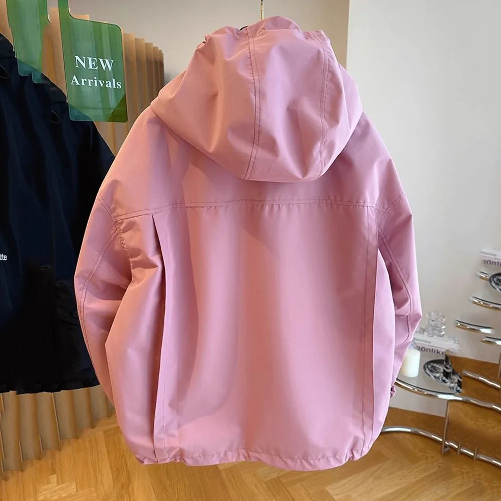 Design Sense Niche Loose Tooling Jacket Hooded Pink Windbreaker Jacket Women's Spring And Autumn Double Pocket Jacket Tide.