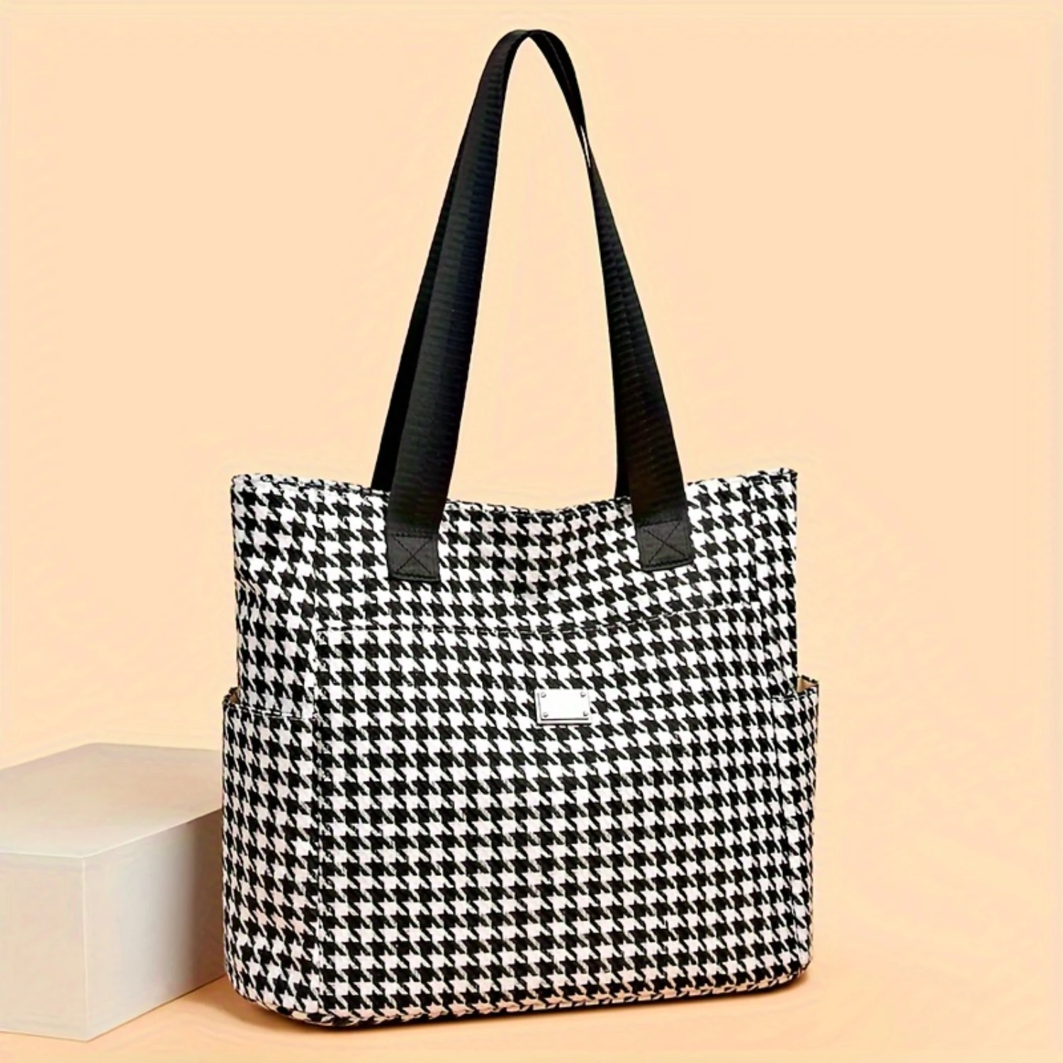 

Classic Houndstooth Pattern Tote Bag, Large Capacity Shoulder Bag, All-Match Commuter Handbag