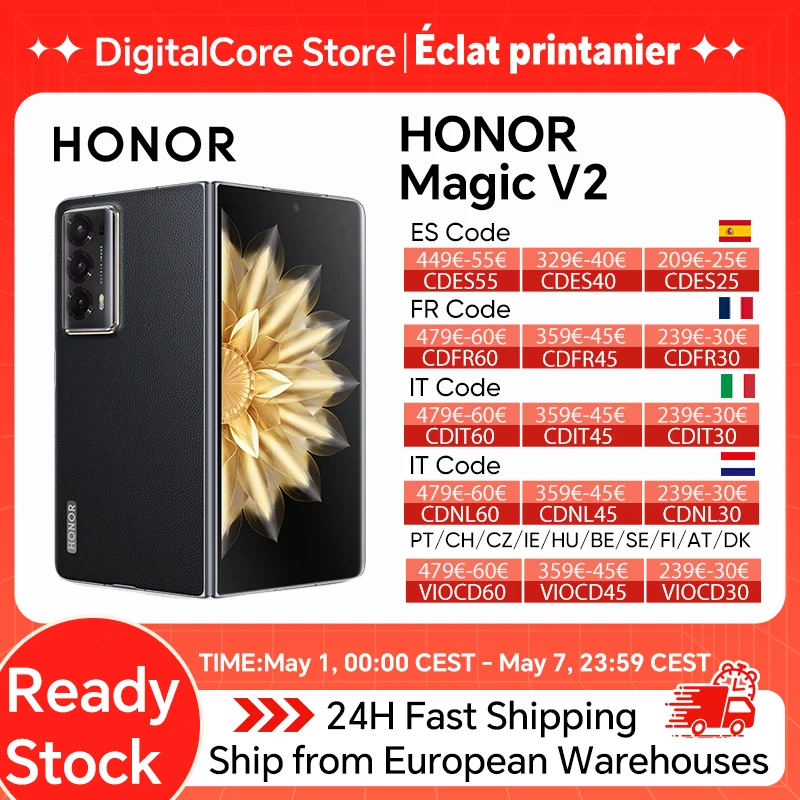 Smartphone pliable Honor Magic V2 version globale 5G, Snapdragon 8 Gen2, écran OLED LTPO 120 Hz, triple appareil photo 50 MP, Android