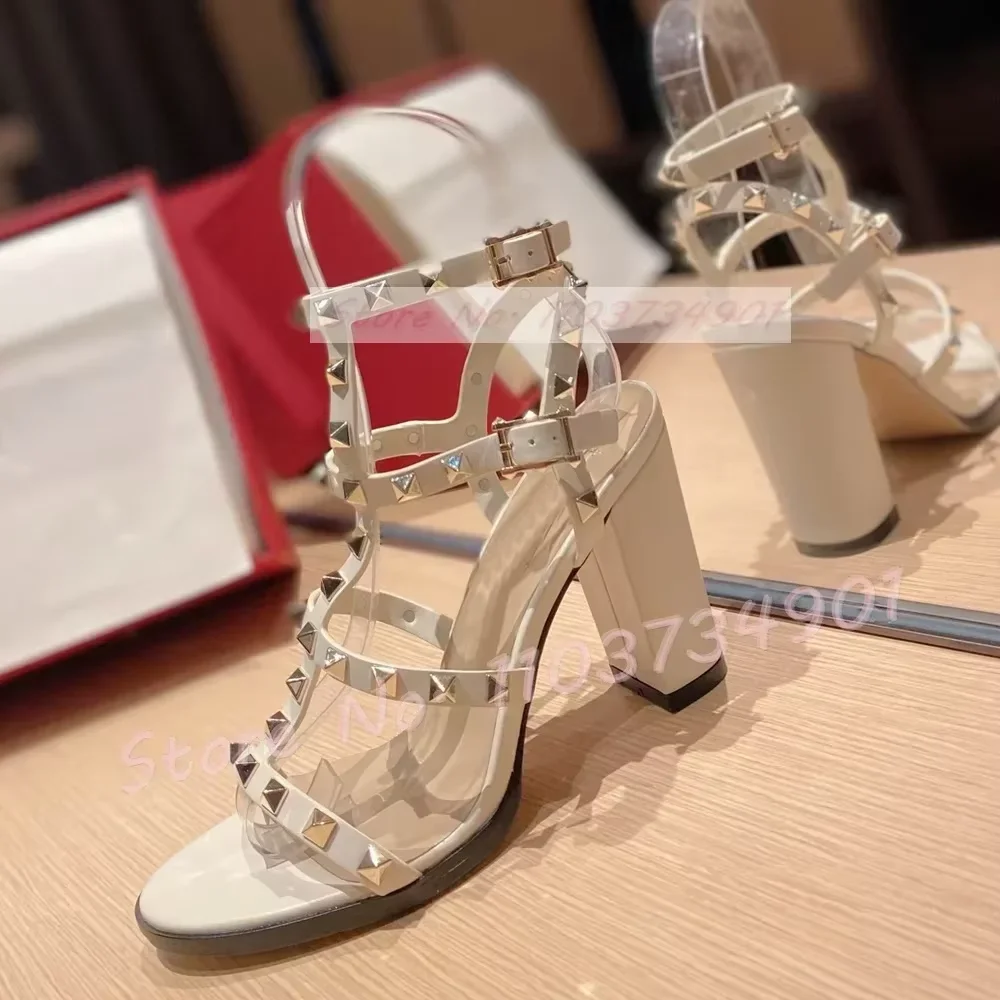 

White Studded Strappy Block Heels Sandals Female Open Toe Rivet Ankle Strap High Heels Sandals Lady Sexy Luxury Party Sandals