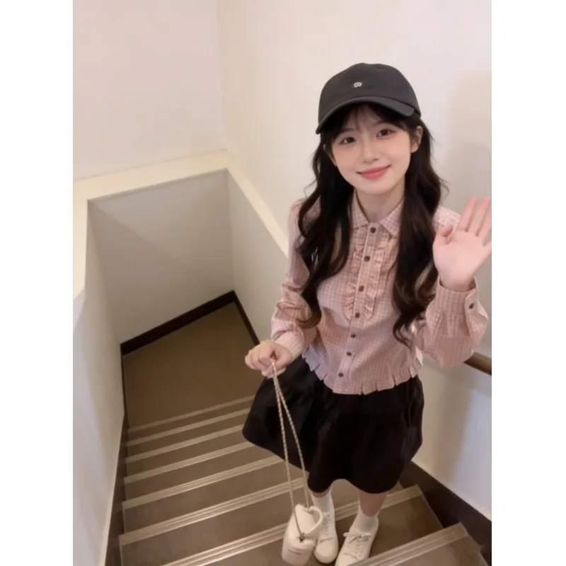 

Elegant Stripe Long Sleeve Shirt And Short Skirt Set Women's Fashion Summer Outfit Cotton Handmade Stitched Chic Style