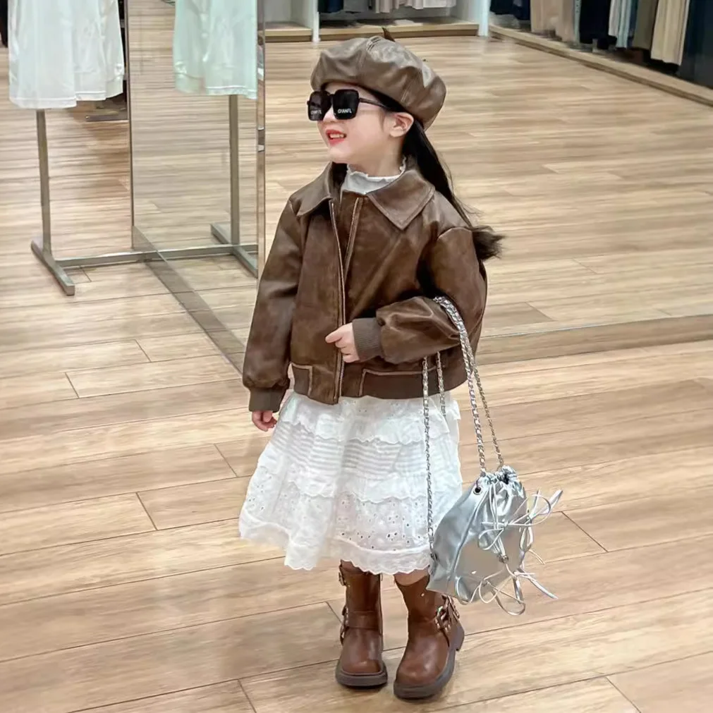 

Korean Children's Clothing Girls Leather Jacket 2025 Autumn Coat Lapel Retro Fan Fashionable Leather Jacket Leather Jacket