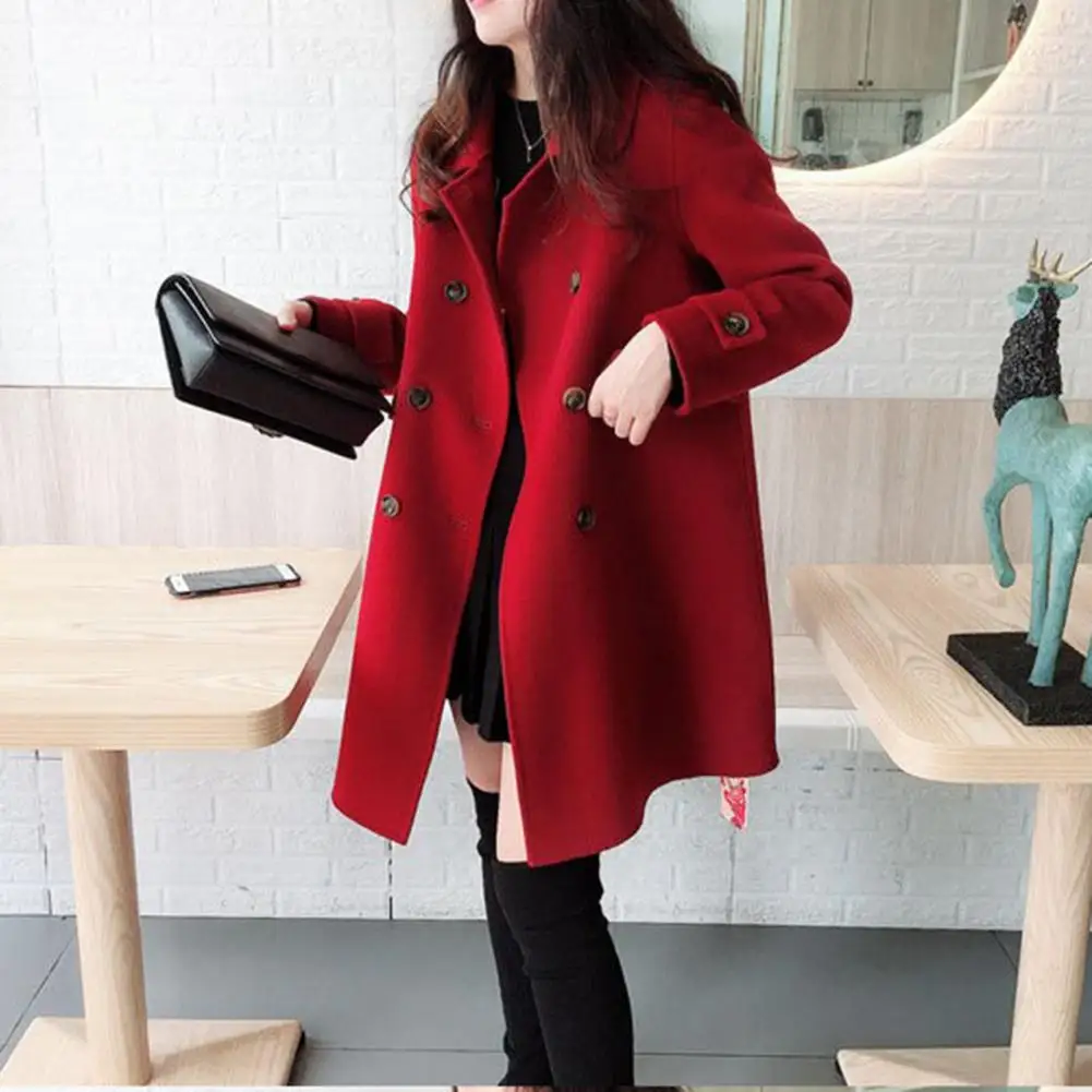 

Vinatge Woolen Coat Stylish Vintage Woolen Trench Coat Warm Mid-length Double-breasted with Pockets Lapel Buttons for Women's