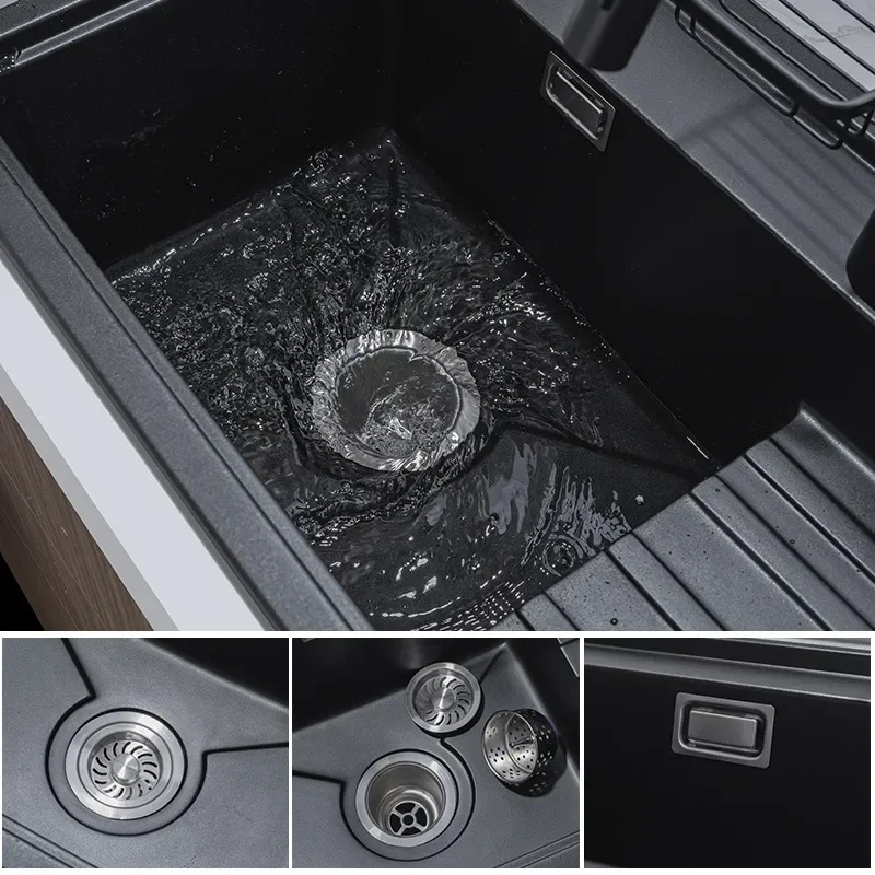 Quartz Stone Kitchen Sink Single Bowl with Step Design Multifunctional Hot and Cold Faucet Set for Kitchen and Bathroom