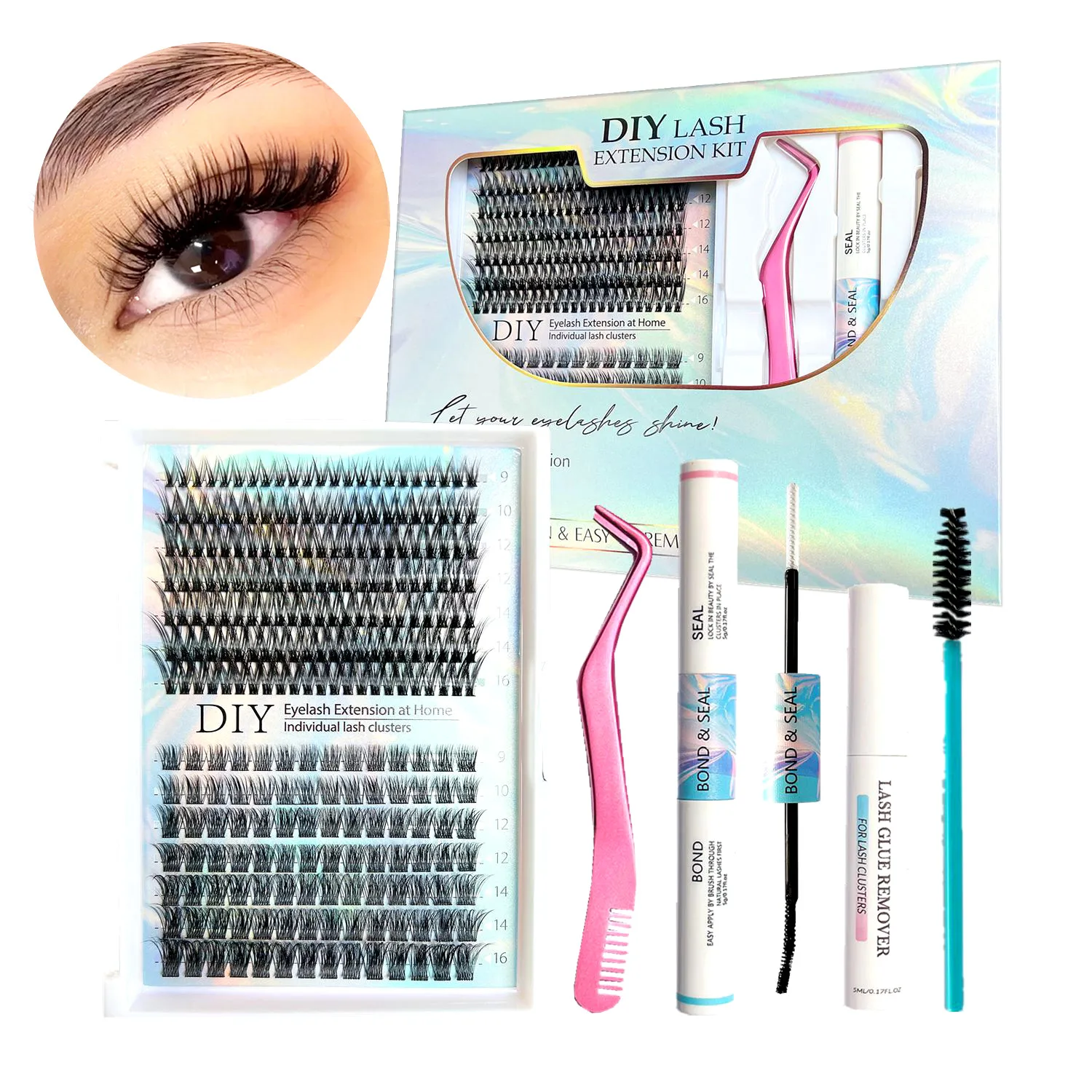 

DIY Lash Extension Kit Individual Eyelash Extension Kit Cluster Lashes Kit Lash Bond and Seal Lash Glue and Lash Applicator Tool