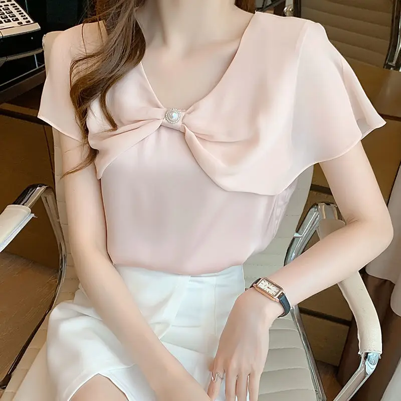 Female Korean Fashion Beading Ruffles Casual Chiffon Shirt Summer Women\'s Clothing All-match O-Neck Patchwork Solid Color Blouse