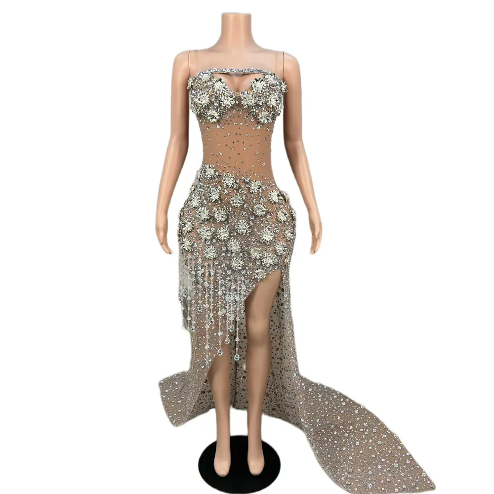 

Luxury Floral Diamond Strapless Evening Banquet Long Dress Women Crystal High Slit Birthday Wedding Prom Mermaid Dress Ball Gown