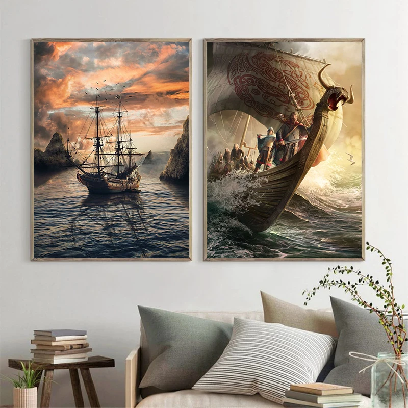 Pirate Ship Canvas Painting Wall Art Vintage Sailing Ships Poster boating ship Print Wall Art Picture for Living Room Home Decor