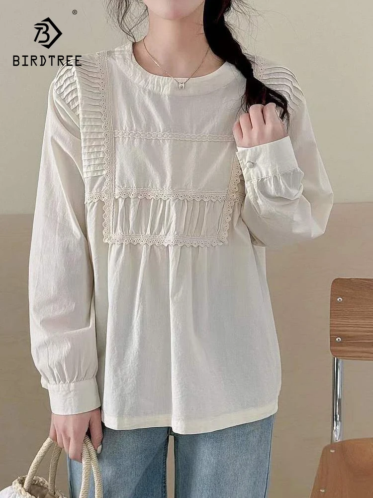 

New 2026 Spring Cotton Long Sleeve Shirt, Women O Neck Embroidery Lace, Mori Girl Preppy Style OL Casual Loose Blouse T61380CC