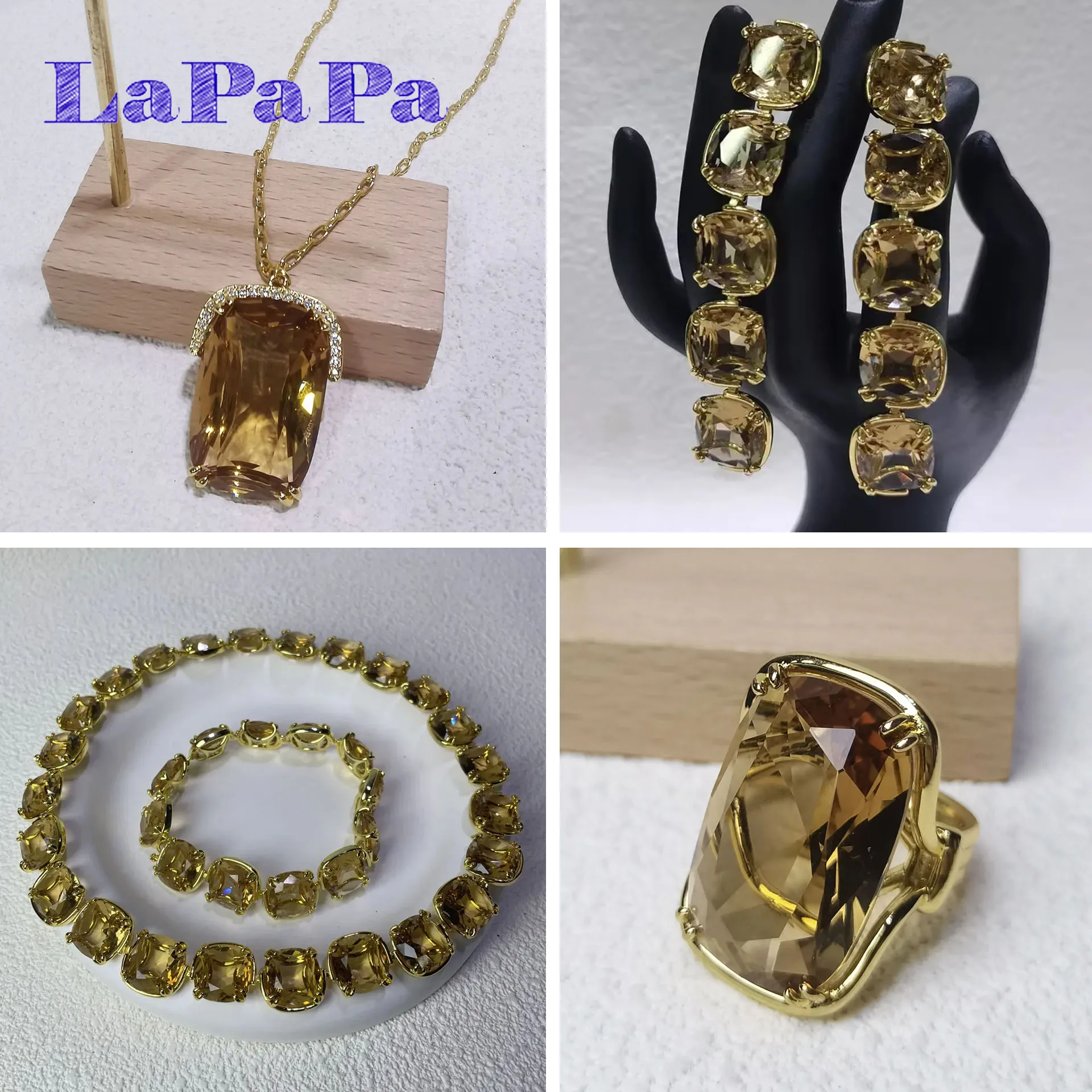 

2025 Luxury Pillow Cut Crystal Gold Plated Ring Necklace Earring Bracelet Fashion for Women High Quality Fine Jewelry Set