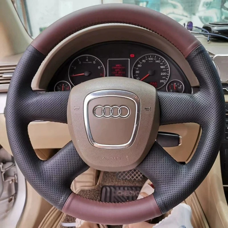 For Audi A4 A6 Q7 Hand-stitched Non-slip Black leather Sporty style Car Steering Wheel Cover