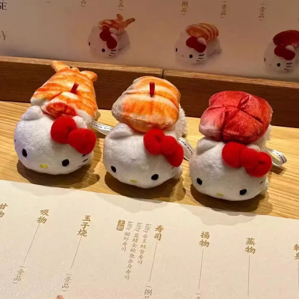 Kawaii Hello Kitty Sushi Plush Doll Keychain Charm Cartoon Kt Cat Salmon Tuna Sweet Shrimp Doll Backpack Charm Charm Cute Gifts