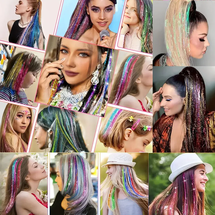 Hair Tinsel Pack Of 12 Pcs Clip In Hair Tinsel 20 Inch Colorful Glitter Tinsel Hair Extensions, Festival Gift Tinsel Fairy Hair