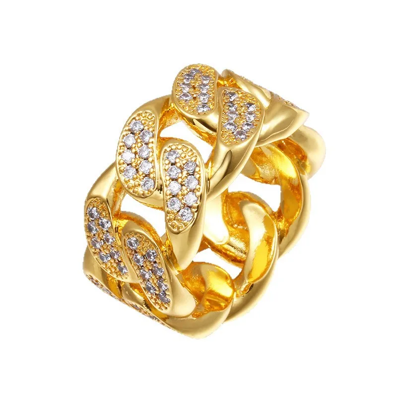 

18K Gold Plated Cuban Link Ring Iced Out CZ Pave Chain Ring Hip Hop Jewelry for Men Women Party Streetwear