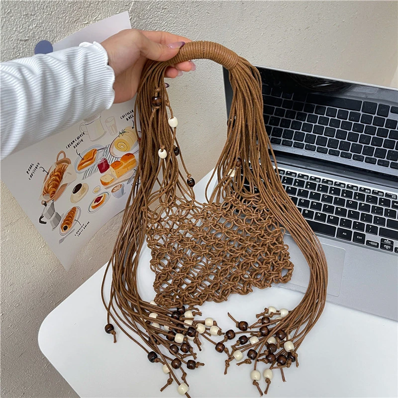 

Летняя пляжная сумка для женщин, сетчатая сумка на плечо с кисточками, ажурная дорожная сумка-шоппер, женская сумка в богемном стиле