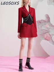 LEOSOXS vestito rosso vestito da donna 2024 inverno nuova catena sigillo in vita temperamento professionale vestito da pendolare riunione annuale abito