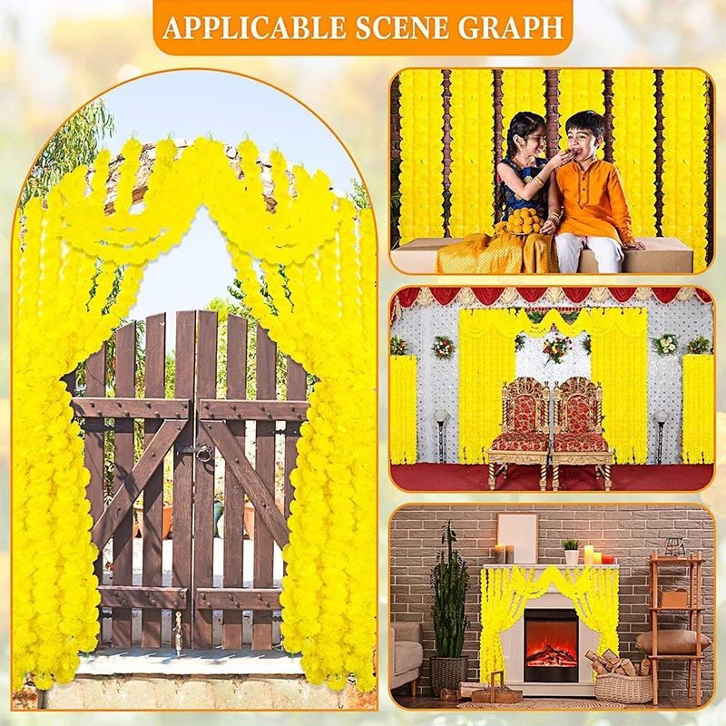 Marigold Garland Long Strands Day of Dead Faux Marigold Flowers Diwali Decor Artificial Marigold Flower Indian Decor for Wedding
