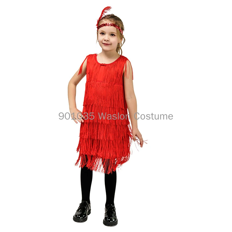 1920s Girls Flapper Fancy Dress Costume Kids Role Play Cosplay Party Halloween Tassel Dress With Headband for Children