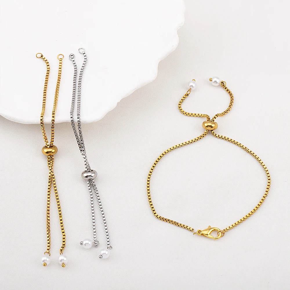 Stainless Steel Pull-Out Pearl Extension Chain Adjustable Slider Bracelet Snake Chains for DIY Jewelry Making Connector Findings