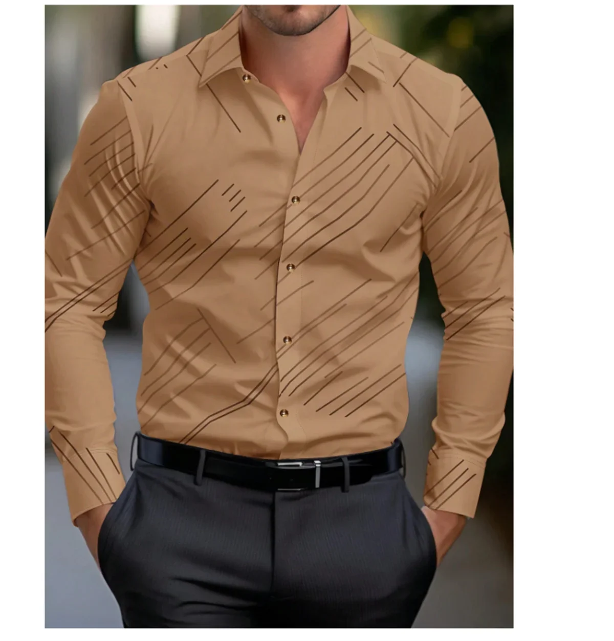 Hot selling men's solid color lines, 3D printed lapel shirts, fashionable casual street high-quality men's clothing, 2024