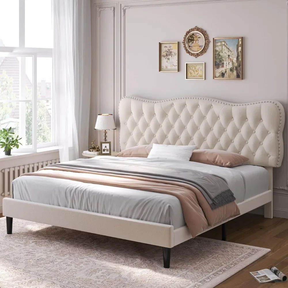 Queen Size Bed Frame, Velvet Upholstered Platform Bed Frame with Adjustable Headboard, Diamond Tufted Mattress Foundation Wood