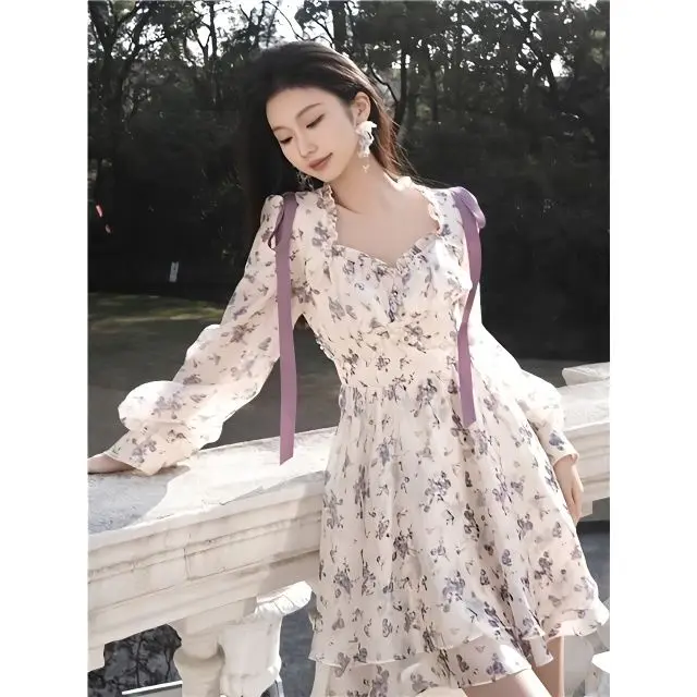 Korea Long Sleeve Dress Women Harajuku Square Collar Design Sweet Girls Popular Classic Elegant Vintage All-match Chic Ins