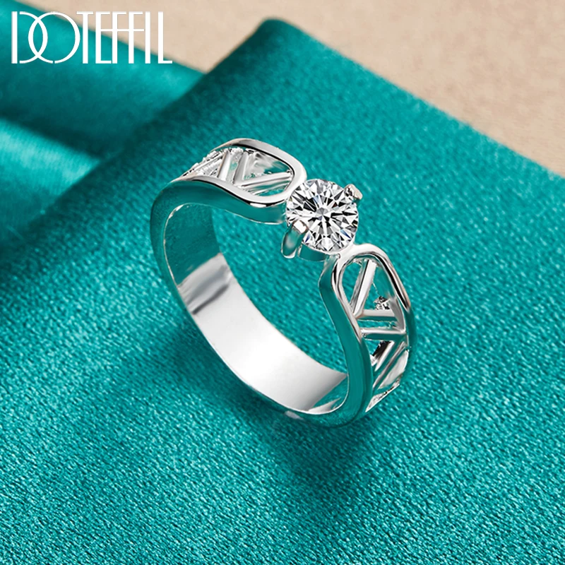 DOTEFFIL 925 Sterling Silver Round AAA Zircon Letter V Ring For Man Women Fashion Wedding Engagement Party Gift Charm Jewelry