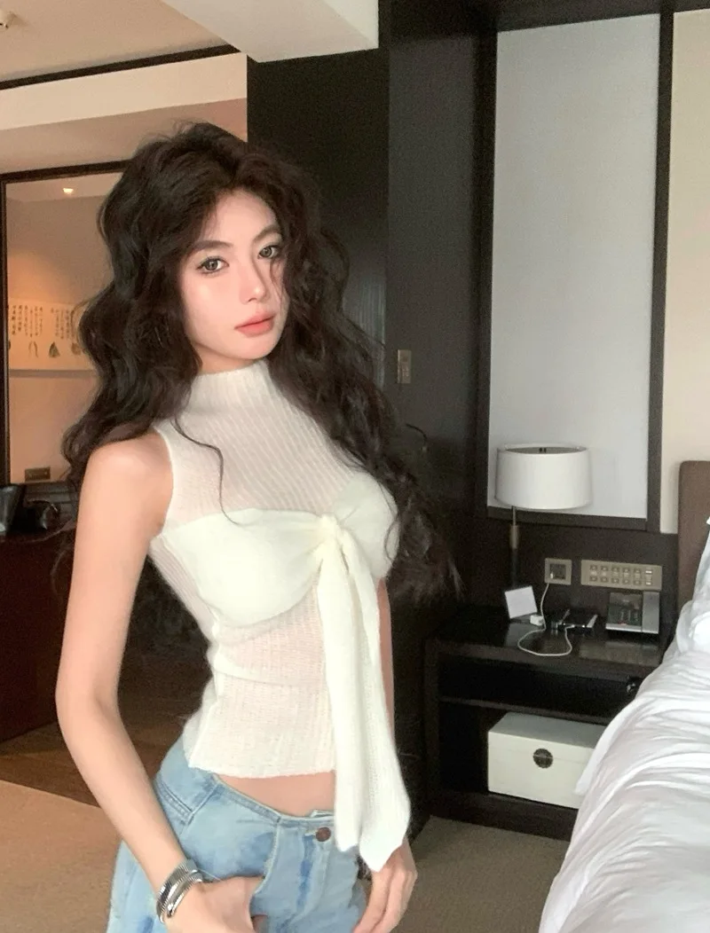 純粋な欲望スタイルのデザイン、リボン、女性用の薄いニットベスト、中空で透明な内側と外側、スパイスガールのノースリーブトップ