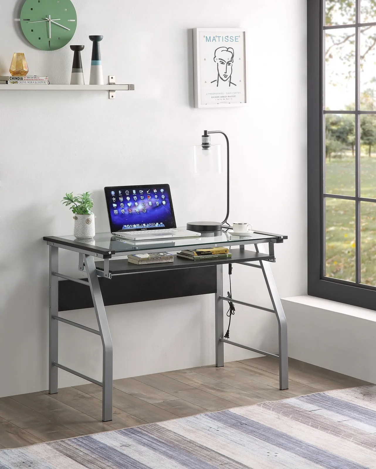 مكاتب الكمبيوتر الحديثة الإطار المعدني الزجاجي العلوي للمكتب المنزلي وأعمال الكمبيوتر