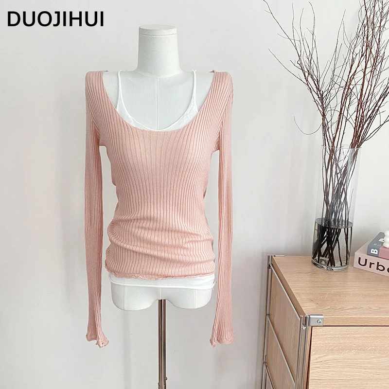 DUOJIHUI Fake Two Piece Sexy Chic Neck Female Pullovers Autumn Basic Long Sleeve Fashion Simple Casual 3-colors Women Pullovers