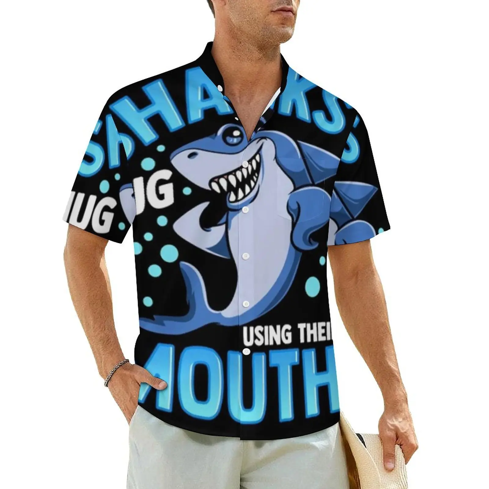 

Cute Funny Shark Hawaii Shirt For Male Beach Hug Using Their Mouth Casual Shirts Short Sleeve Graphic Vintage Oversized Blouses