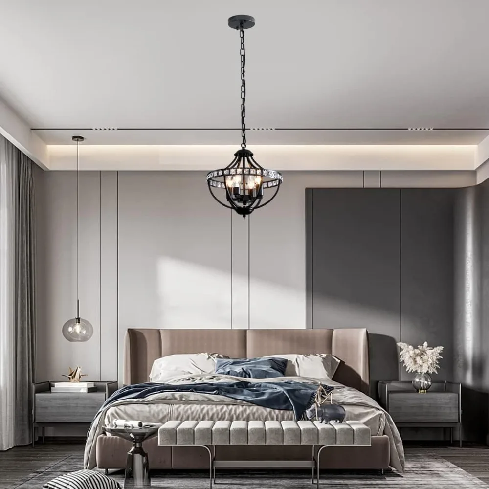 โคมไฟระย้าคริสตัลสีดำสไตล์วินเทจ 4 ดวง สำหรับห้องครัว ห้องรับประทานอาหาร ห้องนอน และทางเดิน