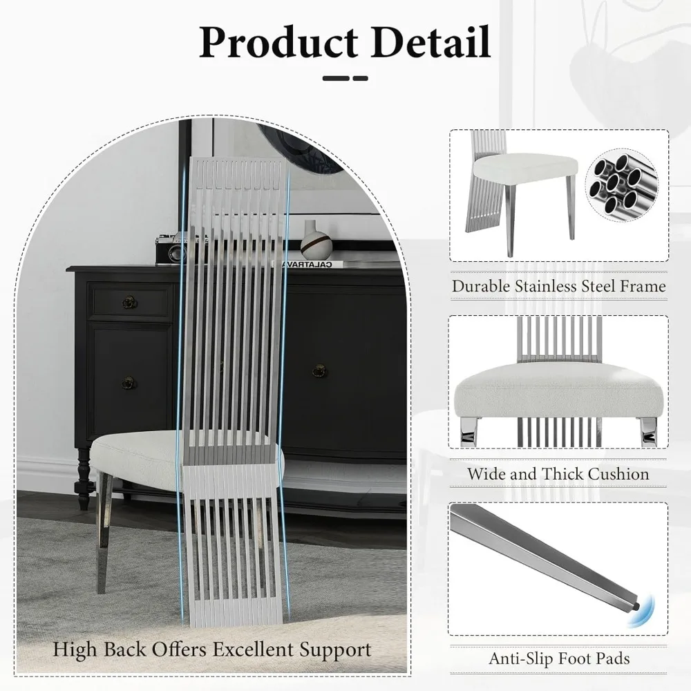 Modern Upholstered High Back Dining Chairs Set of 2, White and Silver, Stainless Steel Legs, Contemporary Style