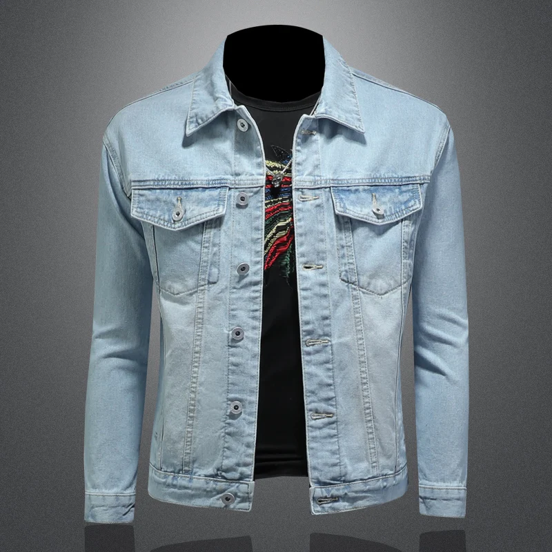 

High-quality, fashionable and stylish light-colored lapel denim jacket for men, a slim and short metal denim jacket trend