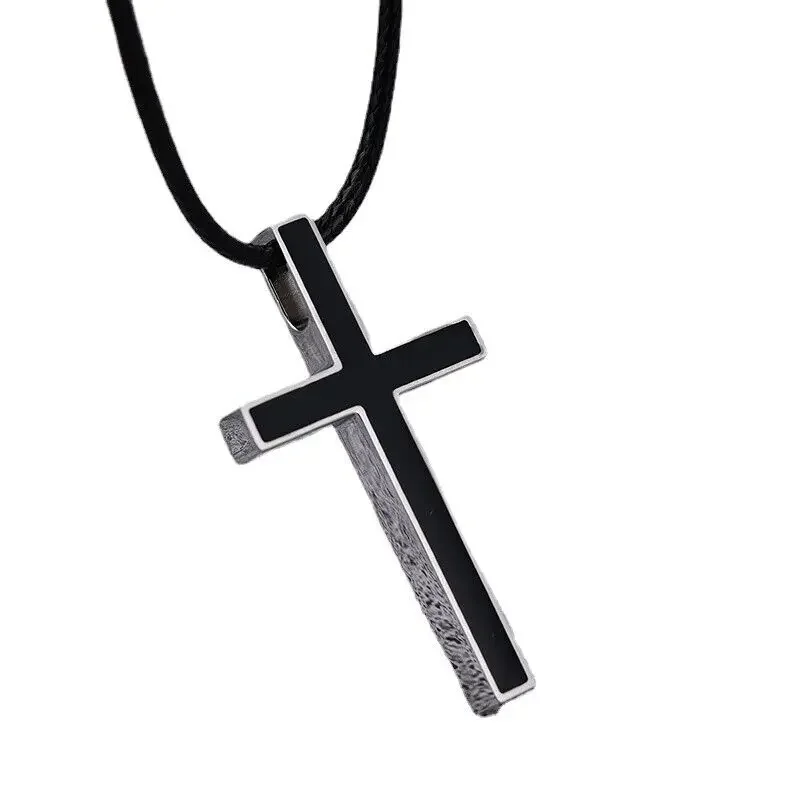 

Stainless steel cast fashionable black cross men's necklace with black leather rope chain