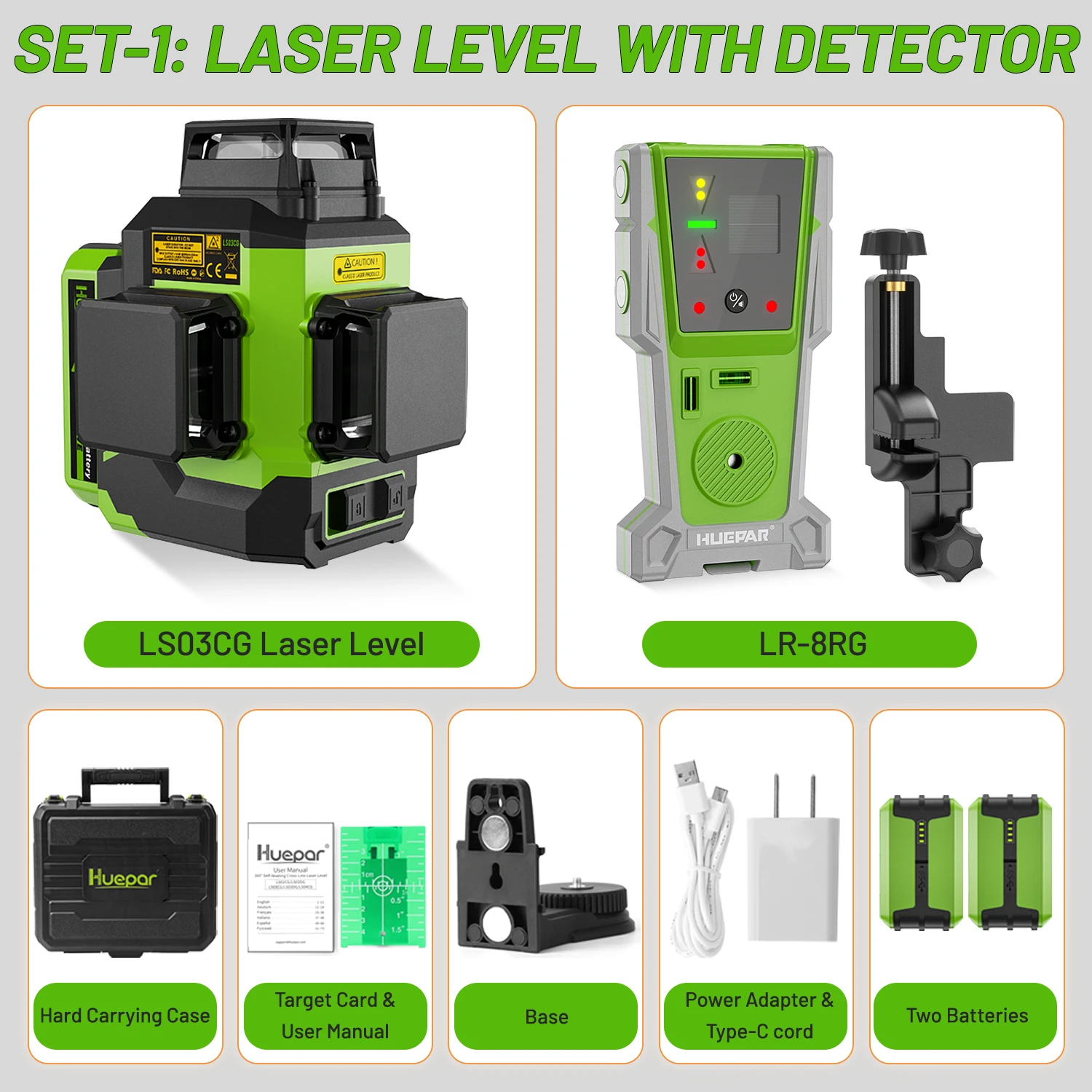 Huepar Ls03cg 3d Cross Line Laser Level Set 2 Stuks Lithium Batterijen 12 Lijnen Osram Zelfnivellerende Laser Tool Met Ontvanger Statief