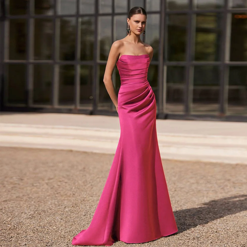 

Mermaid Evening Dress Off the Shoulder Sleeveless Pleated Trumpet Women's Evening Gowns Long Satin Elegant Wedding Guest Dresses