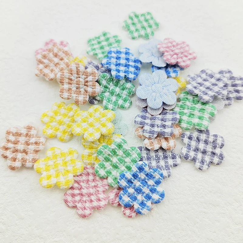 60Pcs 2CM Gingham Flower Applique Padded Patches For Clothes Hat Crafts Sewing Supplies DIY Headwear Hair Clips Bow Decor