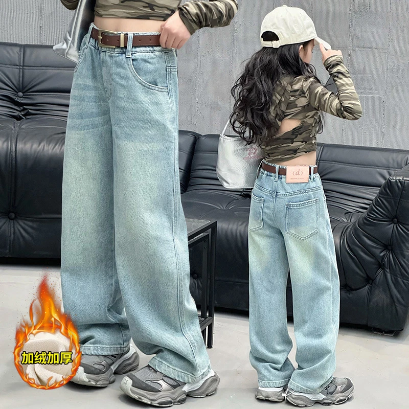 Winter Lamb Velvet Children Jeans for 4-14Yrs Teens Girls Integrated Fleece Denim Pants Loose Autumn Junior Girls Trousers