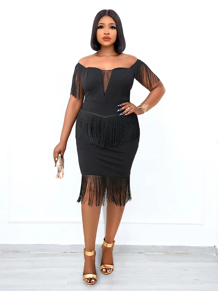 

Plus Size Women Tassel Dress V Neck Off Shoulder Fringe Short Dress Party Event Birthday Wedding Guest African Prom Gowns