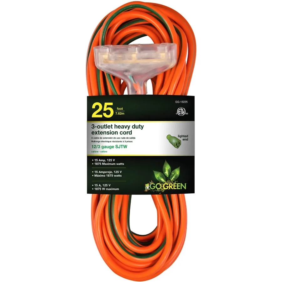 

12/3 25 SJTW 3-Outlet Heavy Duty Extension Cord with Lighted End Designed for Industrial and Outdoor Applications Durable Const