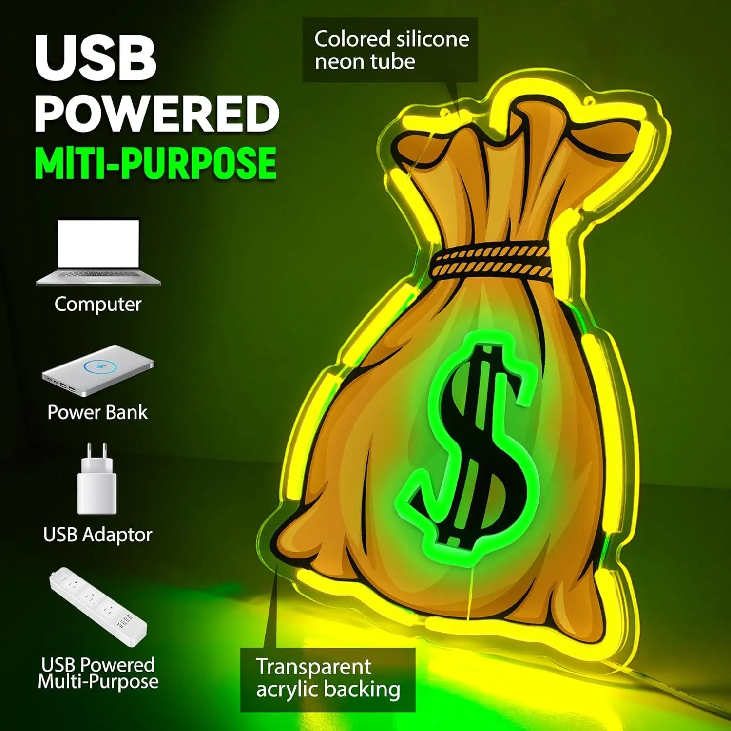 Money Bag Neon Sign Dollar Money USB Dimmable LED Lights for Bedroom Game Room Home Bar Hip Hop Theme Wall Art Decor Gifts