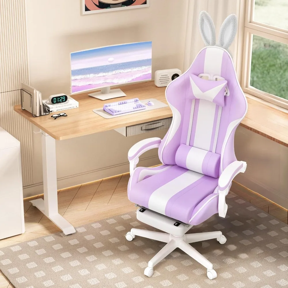 Kawaii Light Purple Gaming Chair with Bunny Ears, Ergonomic Cute Gamer Chair with Footrest and Massage